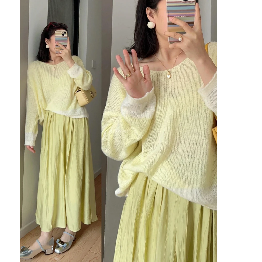 早春慵懒风穿搭高级感套装韩系氛围感镂空毛衣+A字版大裙摆半身裙