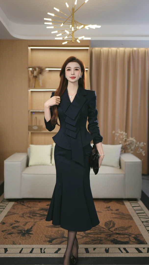 罗曼定制 高定原创深蓝收腰上衣女2025+鱼尾裙时尚秋气质高级套装