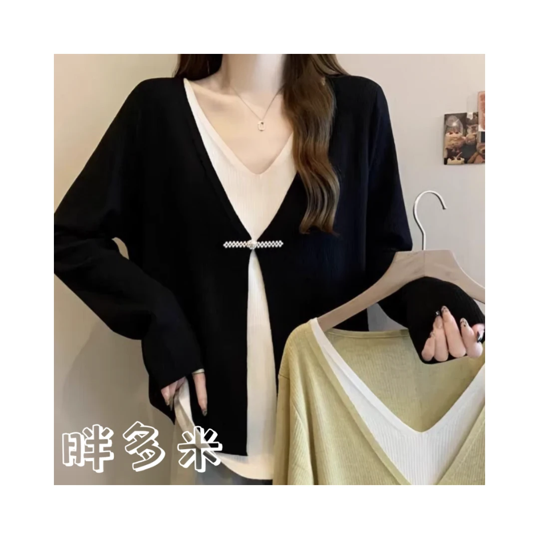 胖多米 （现货）遮肚子法式V领假两件女大码正肩宽松长袖上衣