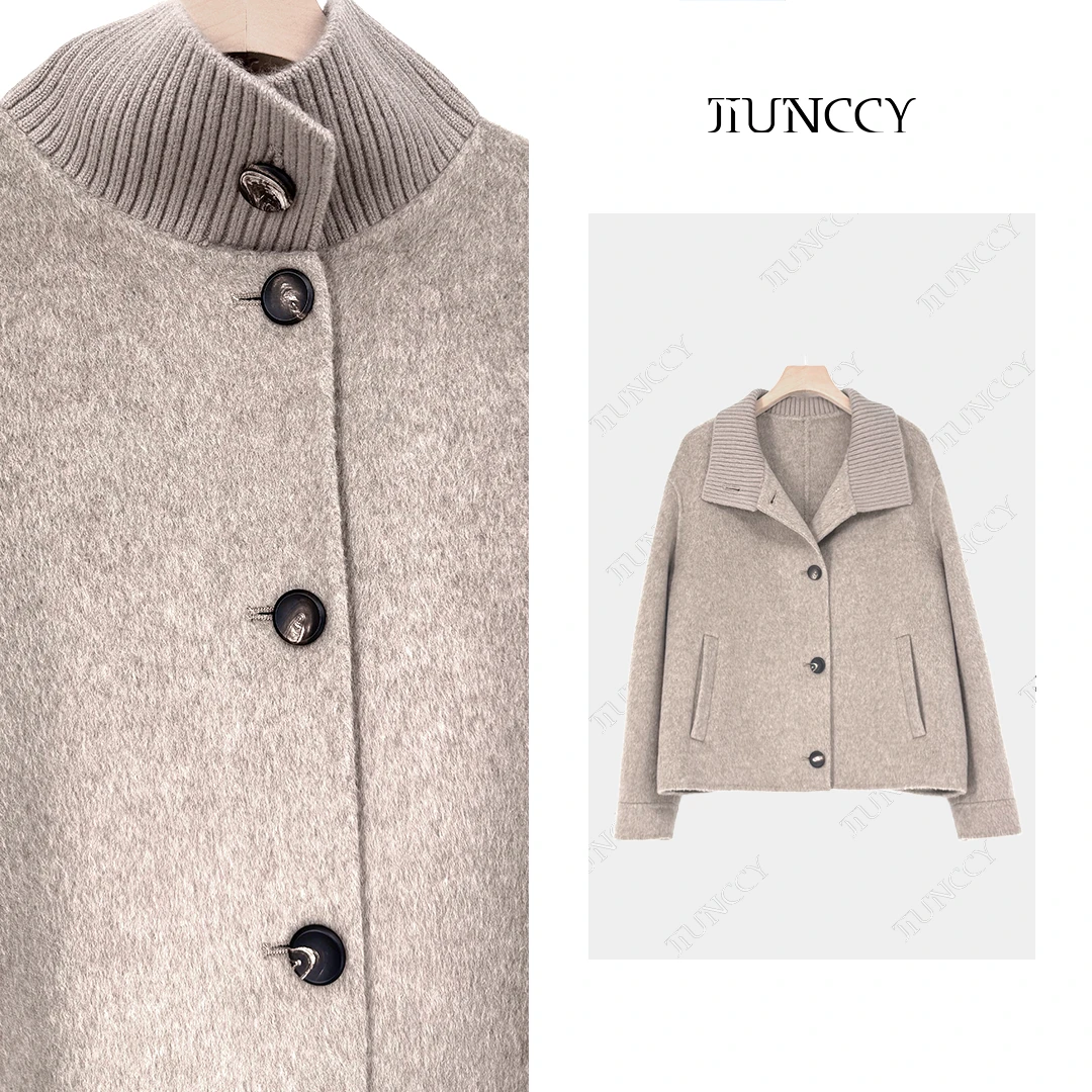 JIUNCCY【合弦】羊毛羊绒混纺高支拼毛织立翻领双面呢外套 52YDY011