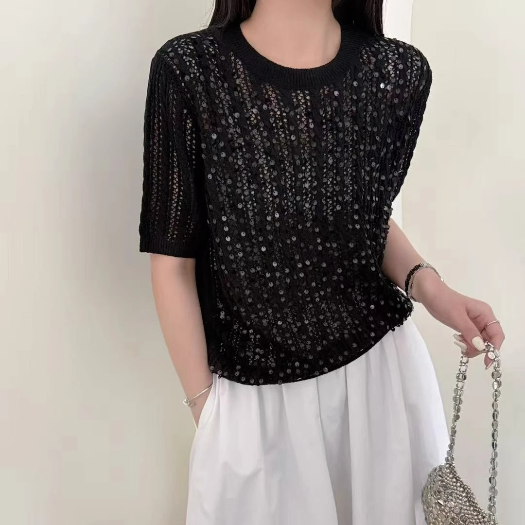 2025新款韩版显瘦百搭圆领竹节麻亮片短袖女休闲上衣