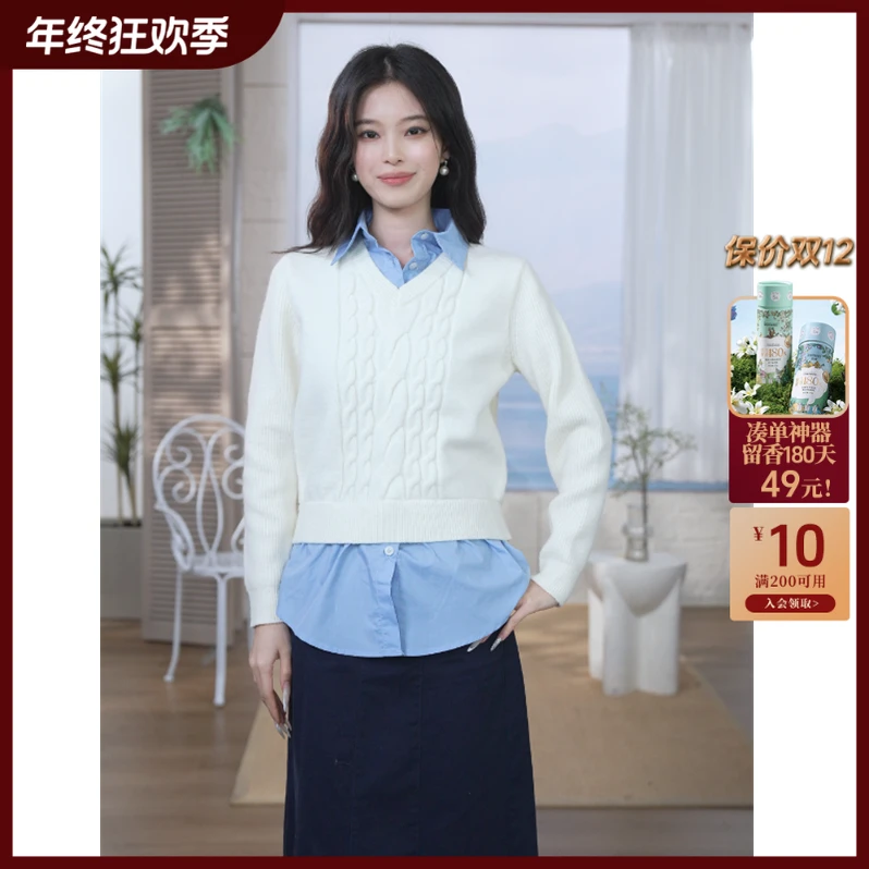 【流光风穿搭】茵曼25冬季松弛感纯色圆领毛衣设计感休闲毛衣上衣