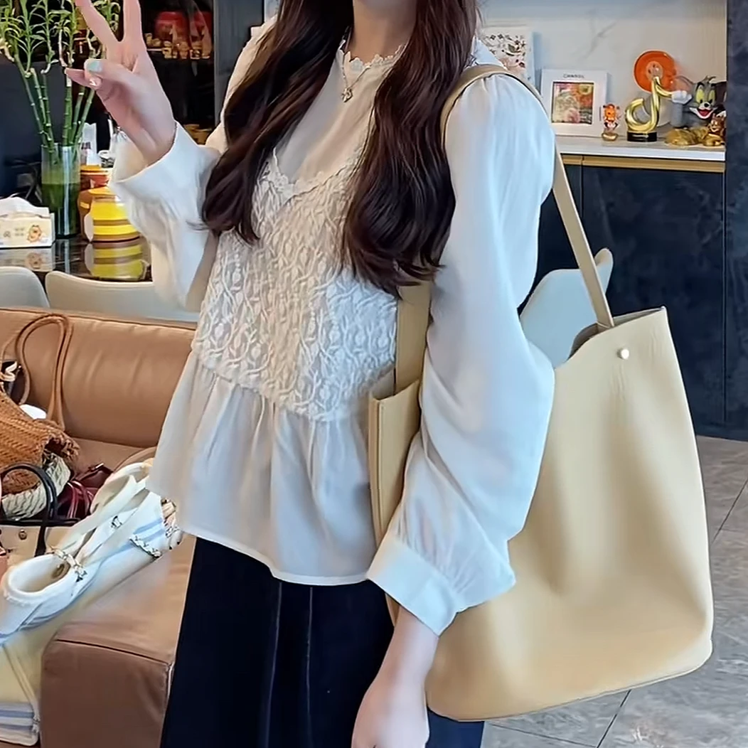 设计感拼接蕾丝假两件长袖小衫2025新款夏季时尚百搭套头立领上衣