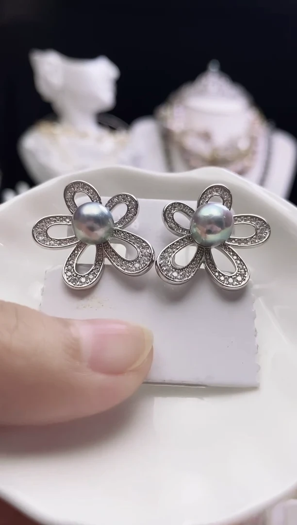 银S925镶嵌耳钉海水珍珠海水真多麻珍珠耳钉