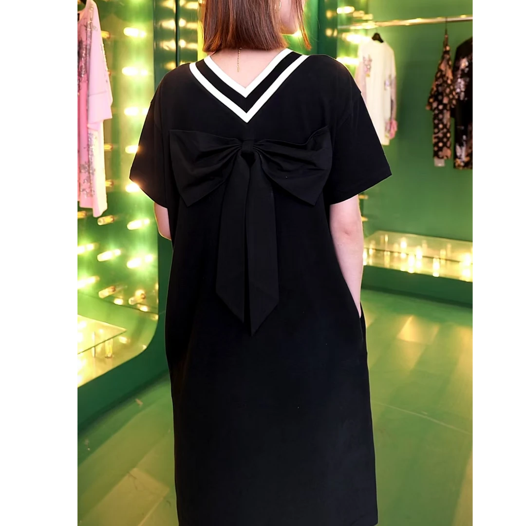 TCH轻奢潮牌烫钻宽松显瘦蝴蝶结黑色连衣裙T75A30E1025轻奢tch