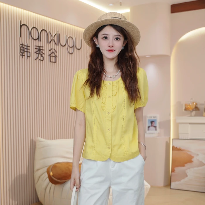 法式减龄木耳领泡泡袖衬衫女2025夏新款时尚休闲甜美短袖上衣9521