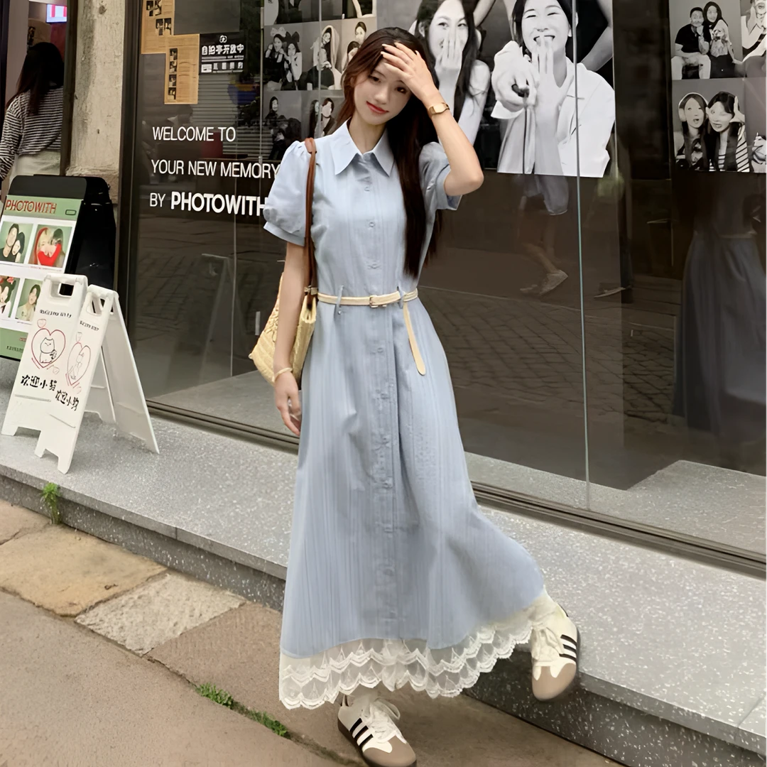 蕾丝花边翻领短袖衬衫女夏季新款收腰A字显瘦条纹长款衬衫+腰带