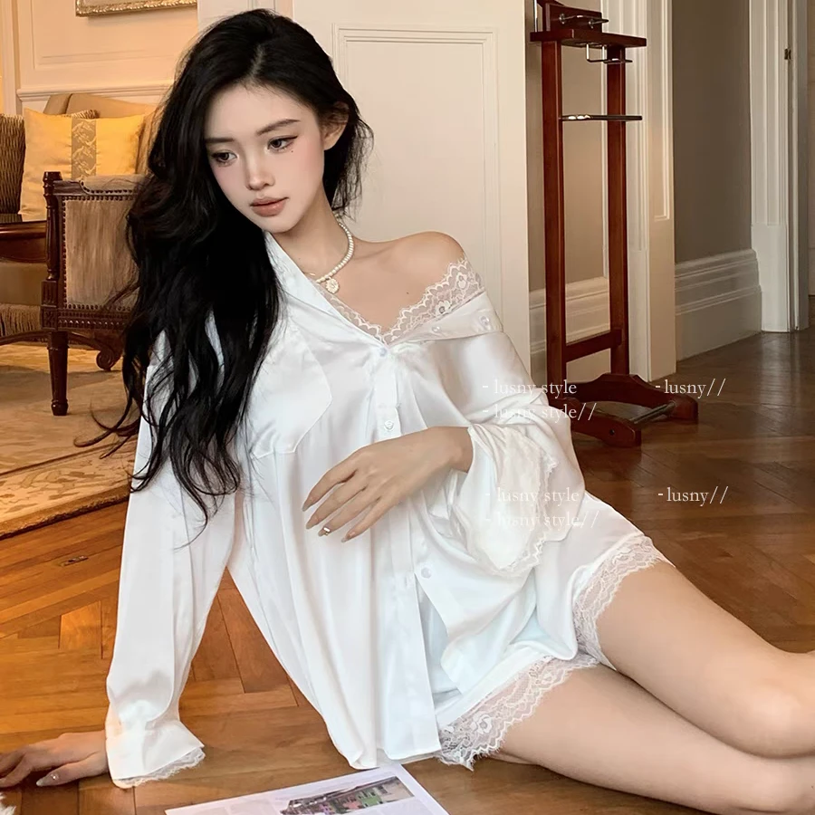 【女神范】性感大码睡衣蕾丝拼接长袖套装宽松白衬衫性感纯欲家居服