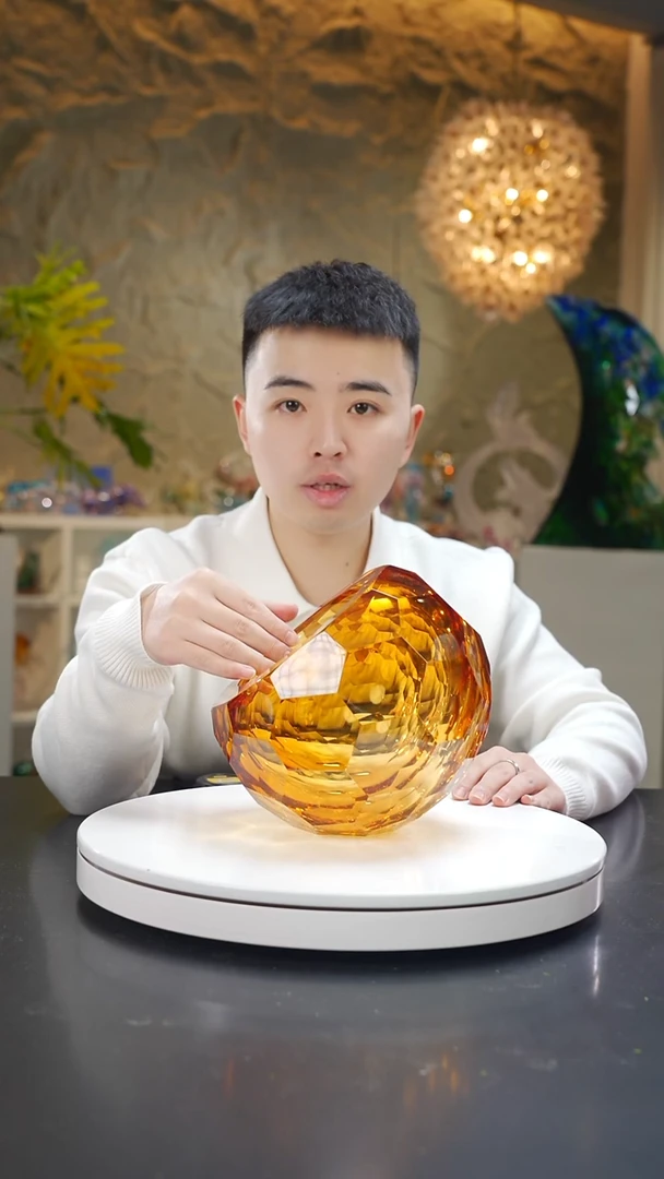 手工艺品琉璃琥珀色钻石切面聚宝盆+底座