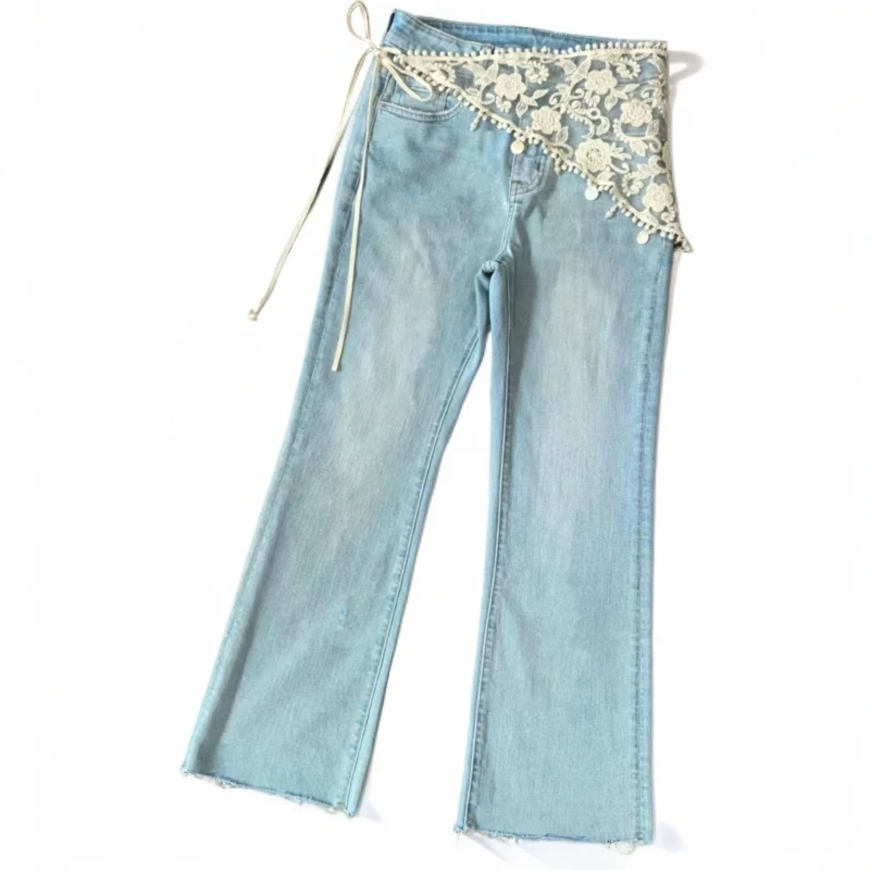 30838蓝色蕾丝腰带小个子微喇牛仔裤