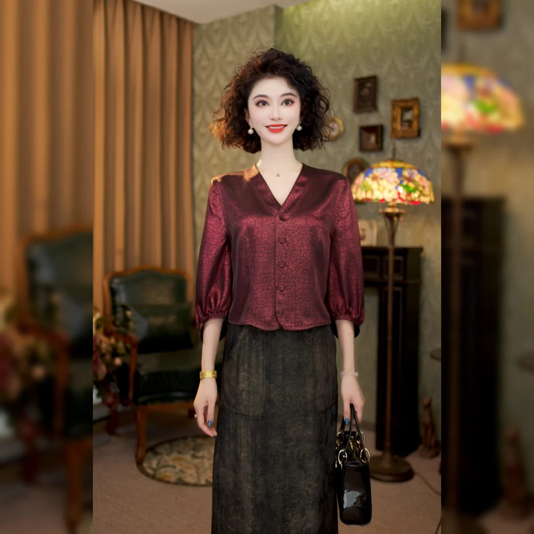 【双面穿】提花V领中国风女装显瘦薄款优雅中袖复古上衣LYGSY0801