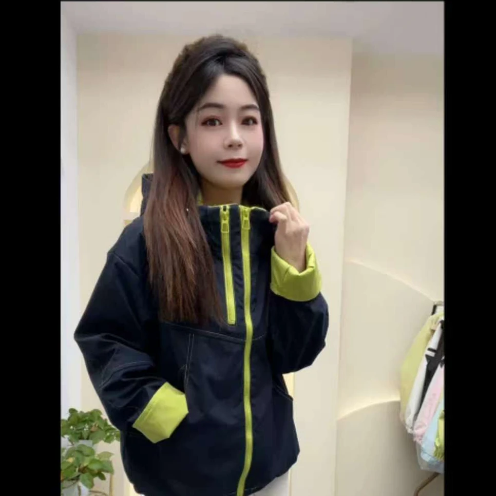 601#彩线拼色双拉链宽松休闲风衣外套（衣长63左右）