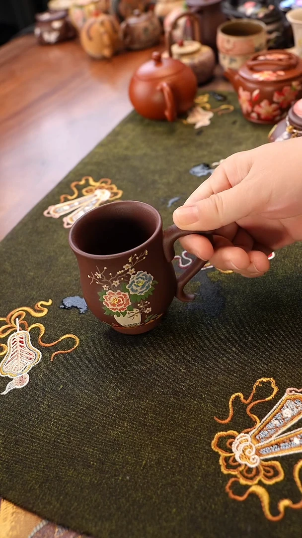 茶壶紫砂牡丹把手杯