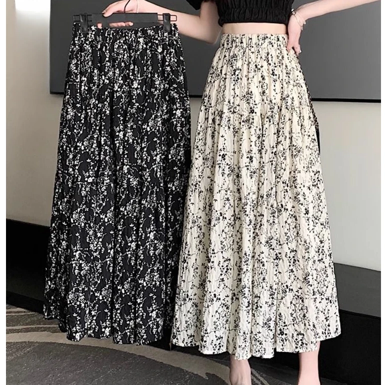 【现货+运费险】雪纺褶皱碎花半身裙女复古垂感中长款气质款ZF8900