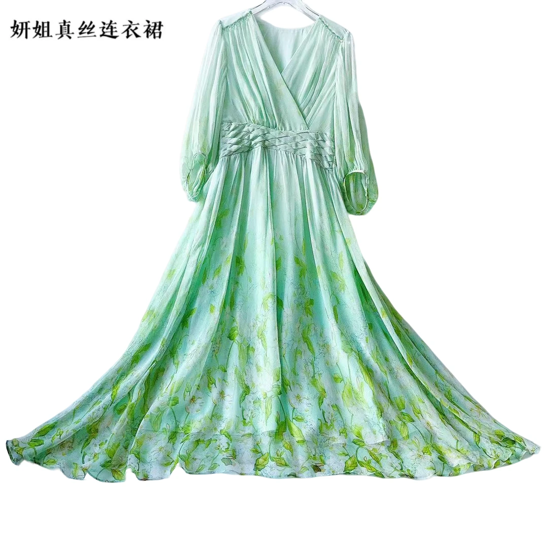 2025妍姐真丝夏新款女士高端走秀气质轻奢真丝连衣裙绿色 24018