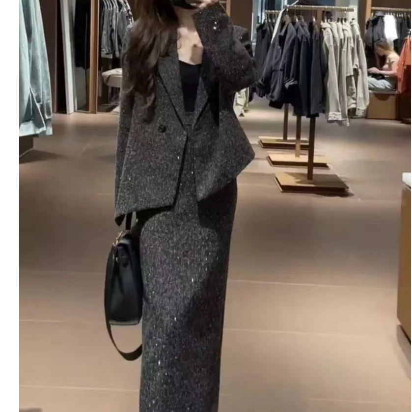 辣辣家气质春款西服亮闪套装显瘦轻奢