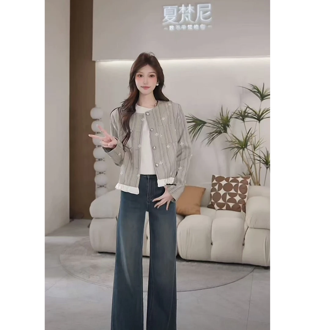 夏梵尼温妮小姐2025秋季新款刺绣条纹拼接外套