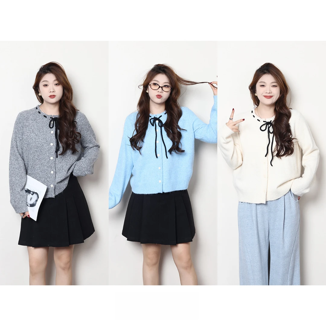 QC宣宣-【元气刻度】微胖大码女秋冬气质百搭系带显瘦毛衣ZY411Q12