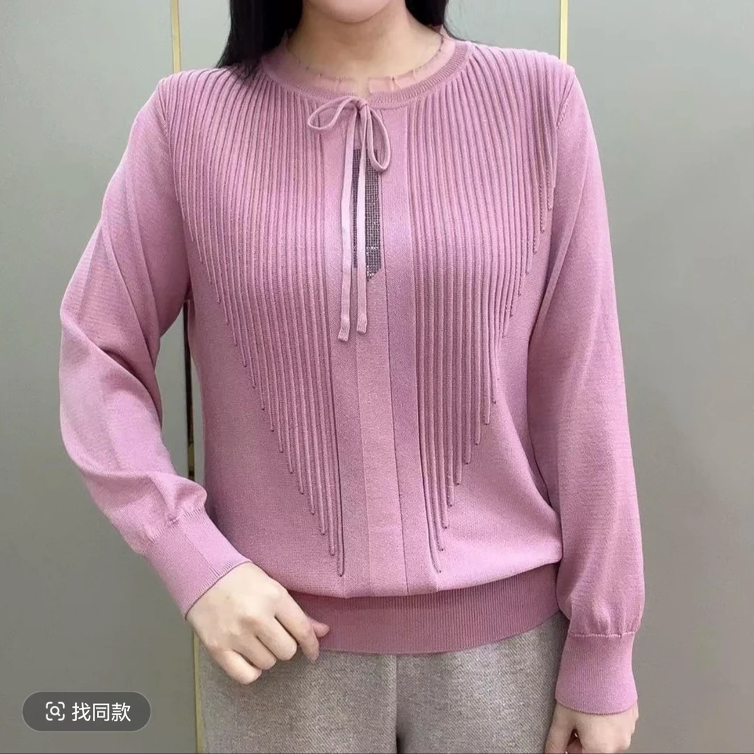 高级气质纯色百搭长袖针织衫2025冬季新款加厚拼接烫钻宽松毛衣衫