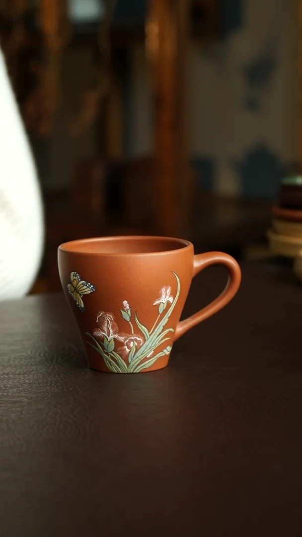 茶杯紫砂47号 鸢尾花把杯 宜兴紫砂原矿作品