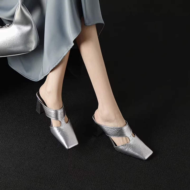 粗跟后空包头一字半拖鞋女夏款外穿方头高跟鞋一脚蹬女士穆勒凉拖