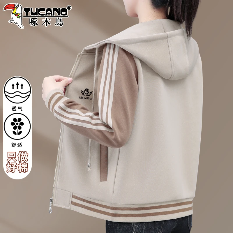 啄木鸟连帽外套女士春秋款时尚新款爆款中年妈妈开衫卫衣休闲上衣