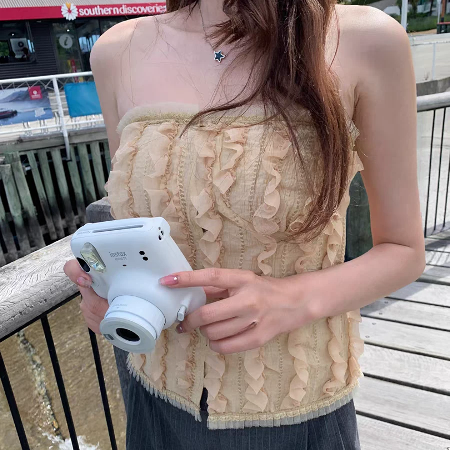 【奥莉】2025春夏：甜氧汽水｜纯色小清新木耳边抹胸背心25100