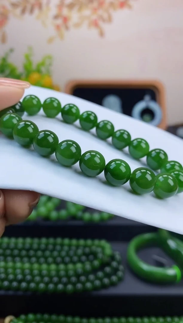 未镶嵌手串和田玉（碧玉）高阶菠菜绿手串10MM（微微黑）