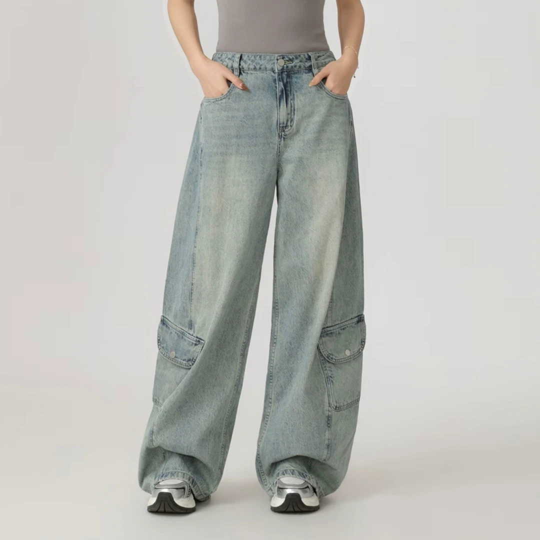 AMASS/阿玛施新款复古大口袋宽松垂感潮酷工装阔腿牛仔裤女510089