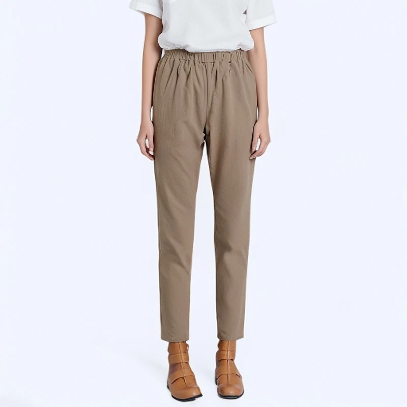 咖啡色窄版直筒高腰新款宽松四面弹休闲长裤