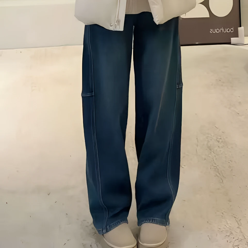 宿慕SUMU加绒加厚弯刀阔腿牛仔裤2025冬季新款微弹牛仔长裤22502