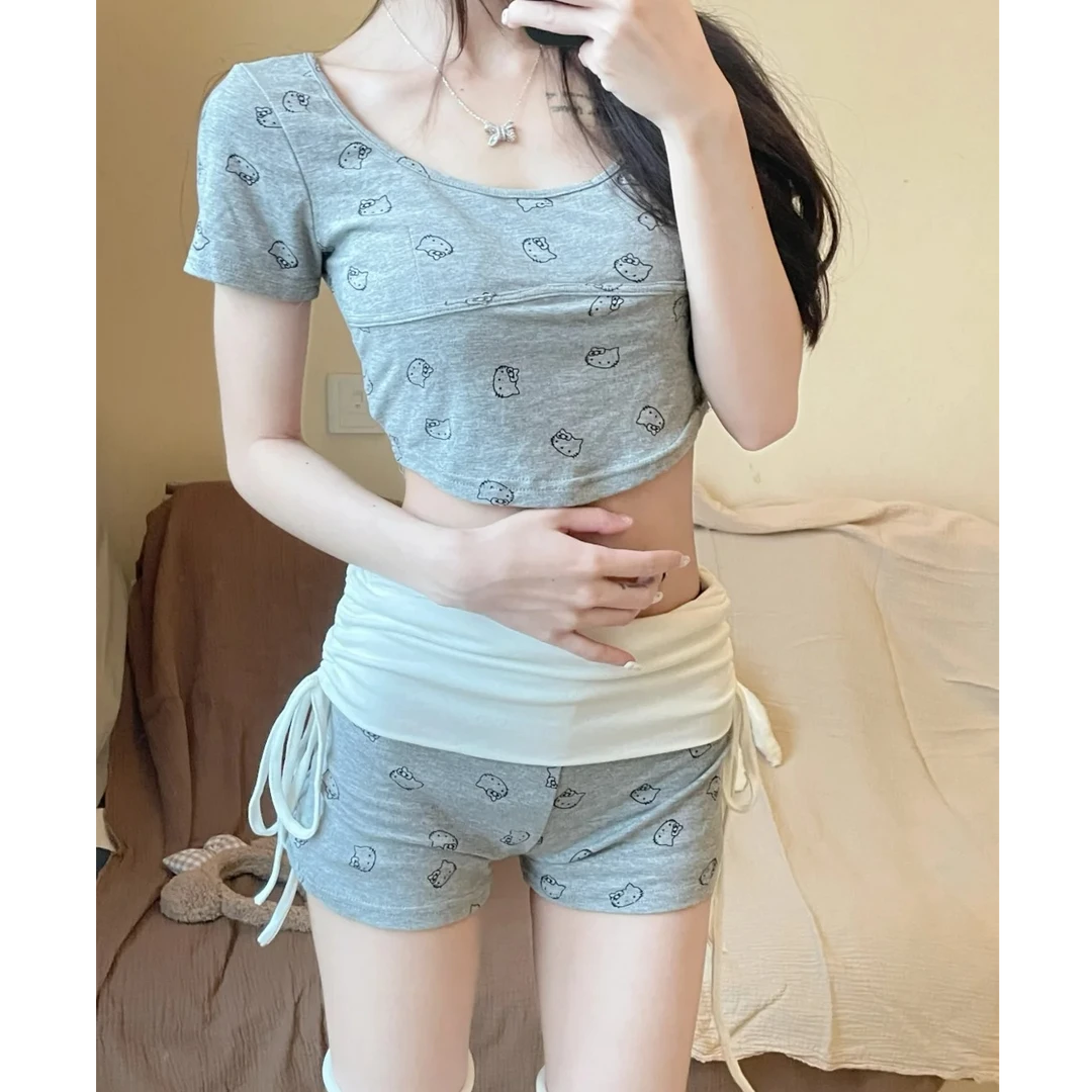 【性感kitty】纯欲风甜美短袖睡衣女夏季新款套装超短款显瘦家居服