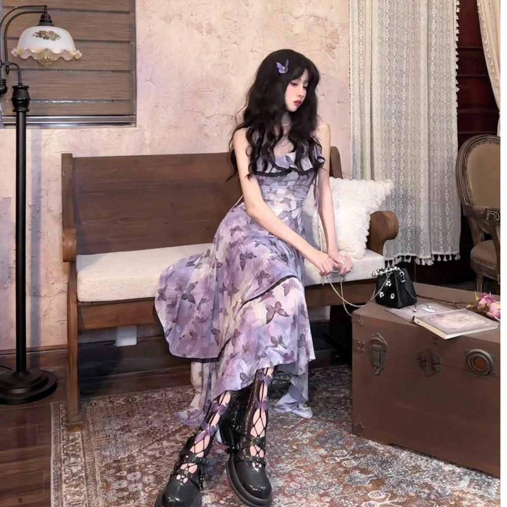 0313【一个叁】漫野栖蝶 法式复古吊带不规则网纱仙女连衣裙