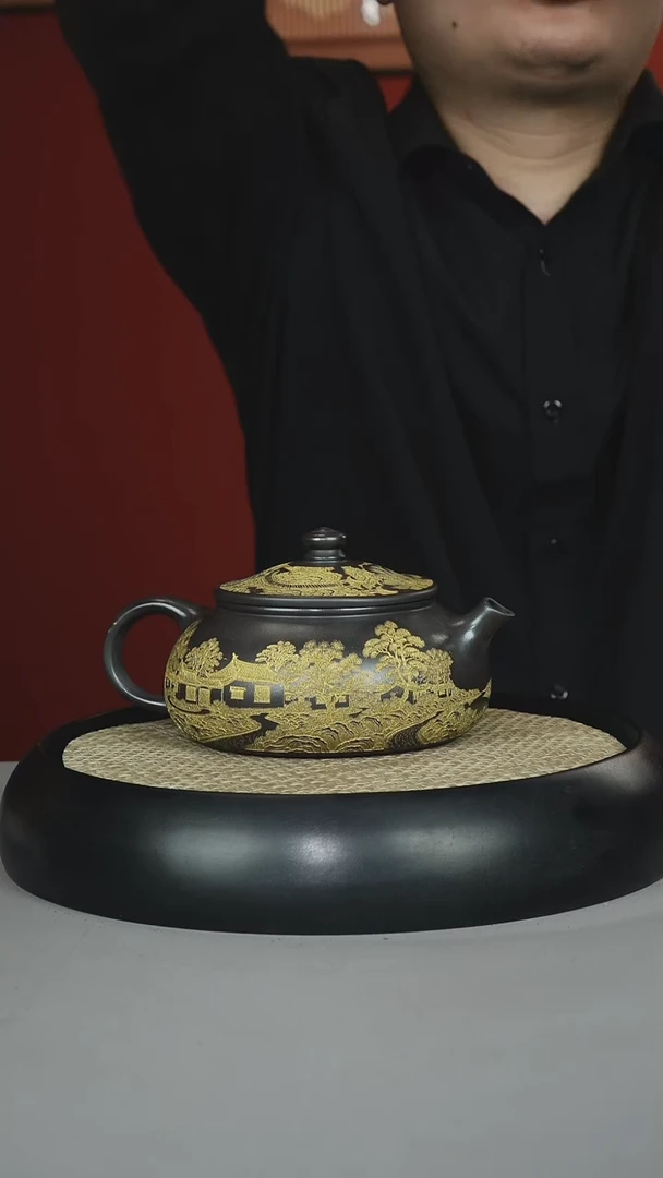 茶壶紫砂石黄 寒江 描金