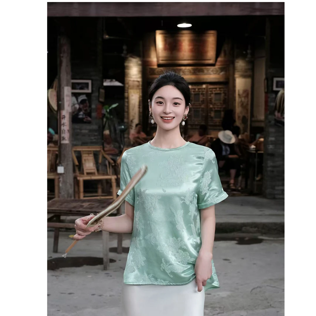 盛唐牡丹艾绿色冠乐绉短袖上衣新款时尚洋气百搭国风新中式女装