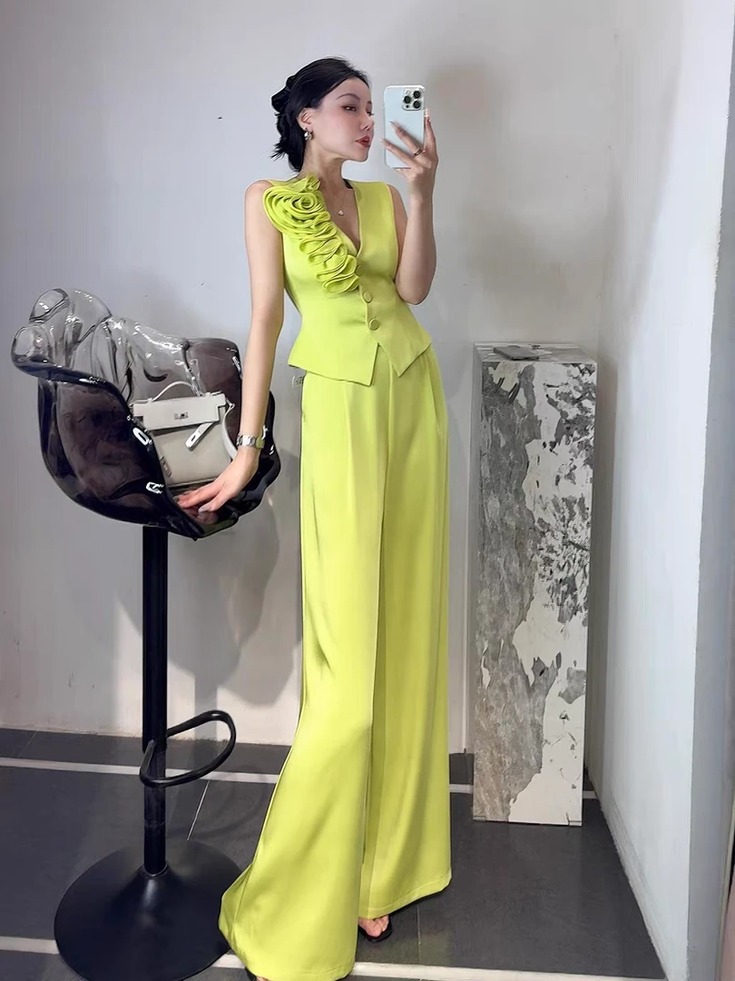 轻奢女装夏季新款女神范立体花朵无袖高级感时尚套装9015