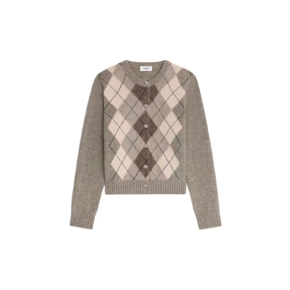 全新未使用 Celine/思琳 撞色菱格纹圆领针织开衫外套