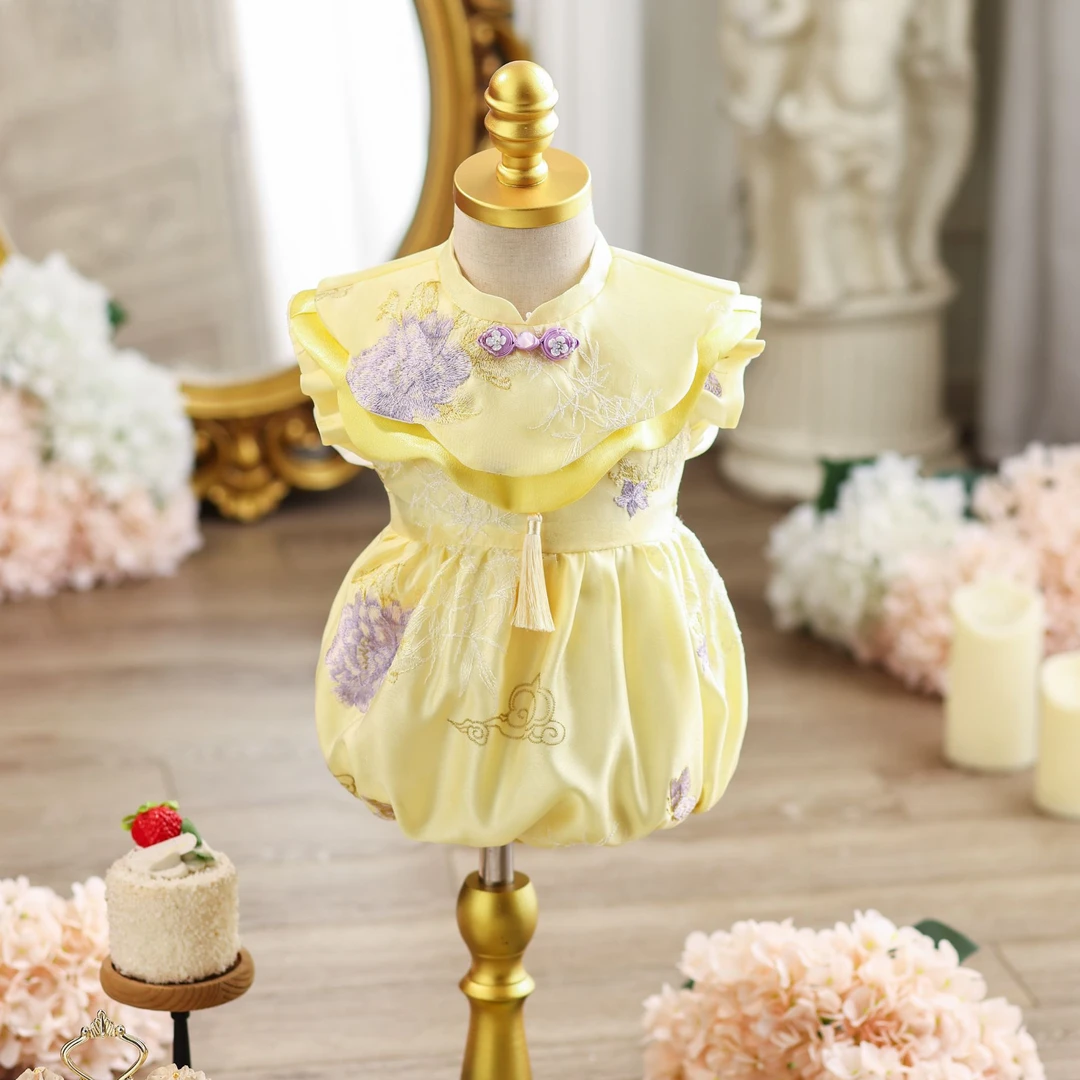 新品《倾城》周岁礼服抓周礼服冠衣百岁宴中式周岁宴金色唐装周岁礼