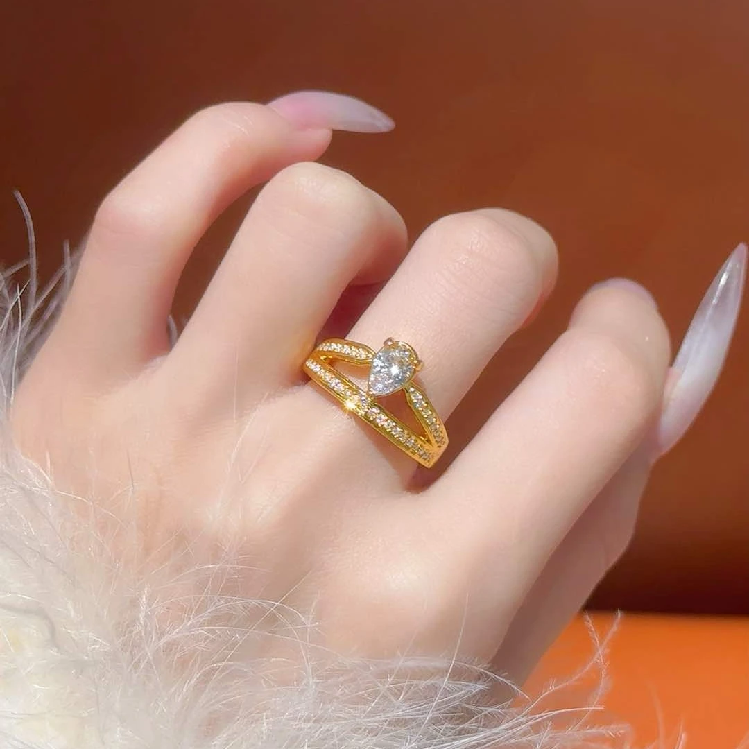 合成锆石1068 足金水滴双层戒指 小众设计款黄金戒指金戒指女