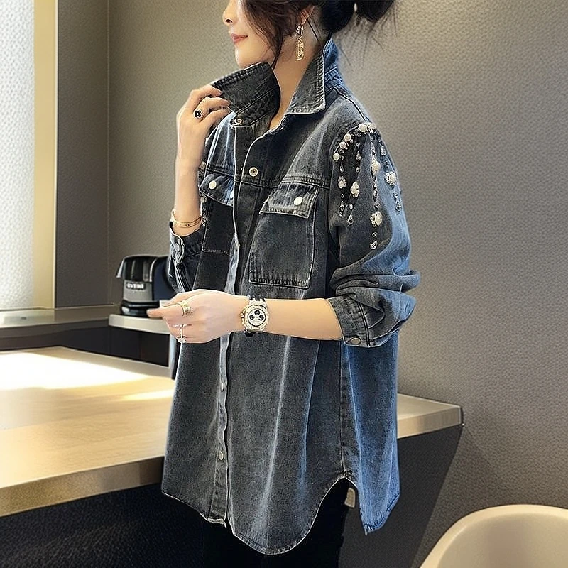 【阿芝专属】08226春秋新款蓝色牛仔衬衫女宽松气质百搭立领衬衣