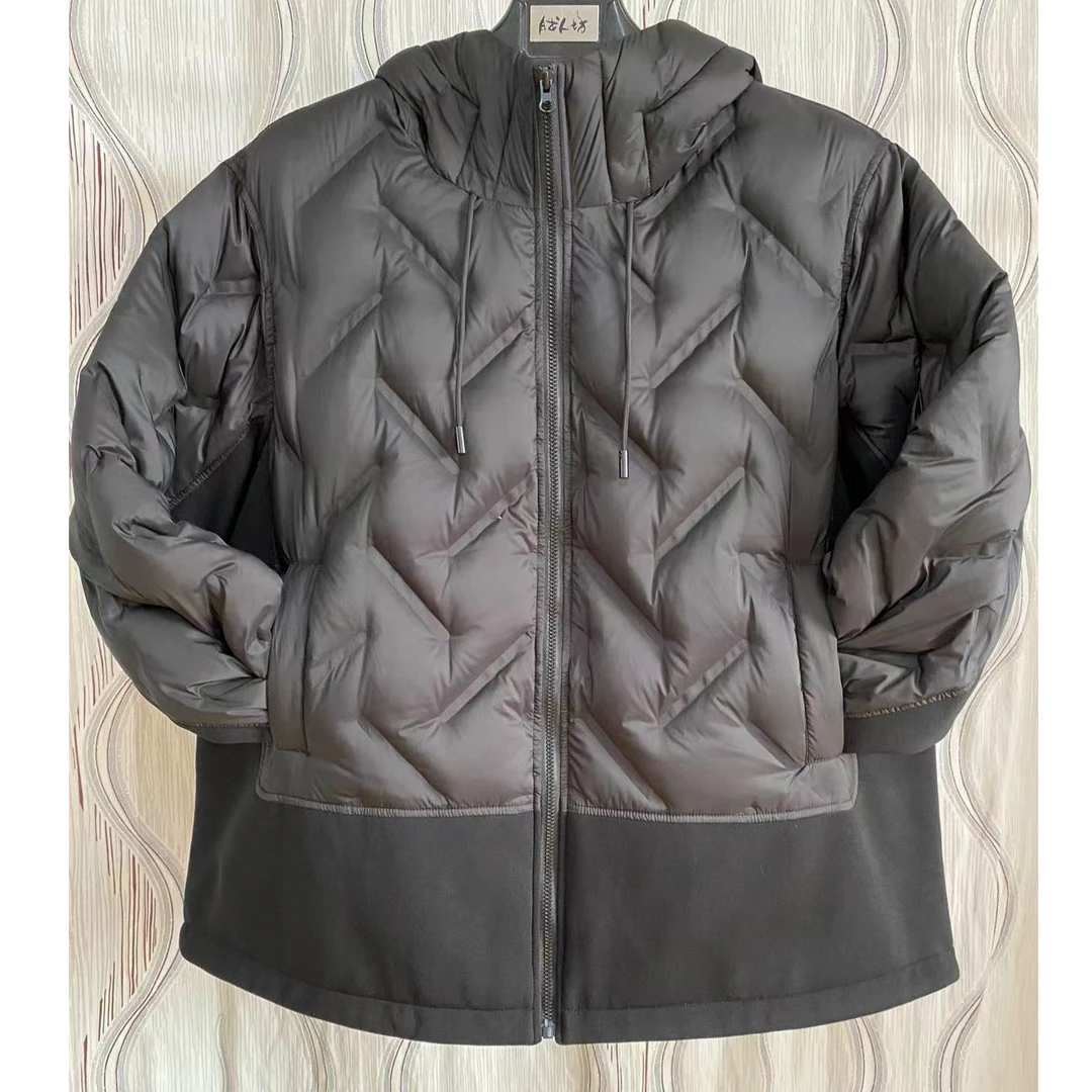 胖人坊大码女装连帽休闲拼接羽绒服4457 衣长74 130