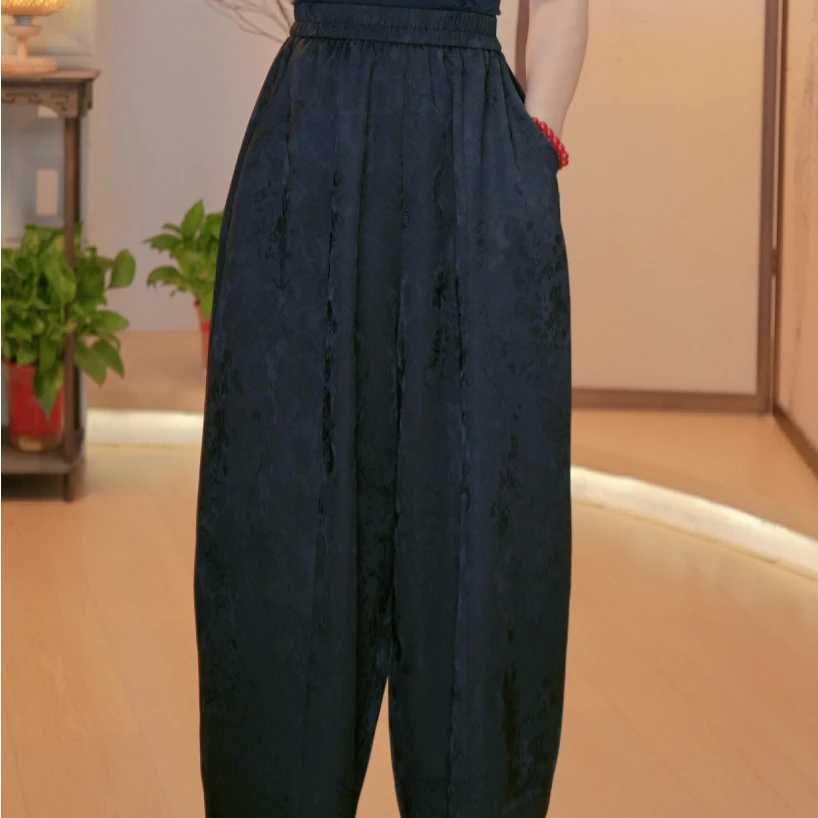 新（1-4）薄款黑白哈伦松紧腰女宽松大码高腰休闲灯笼萝卜九分裤-9