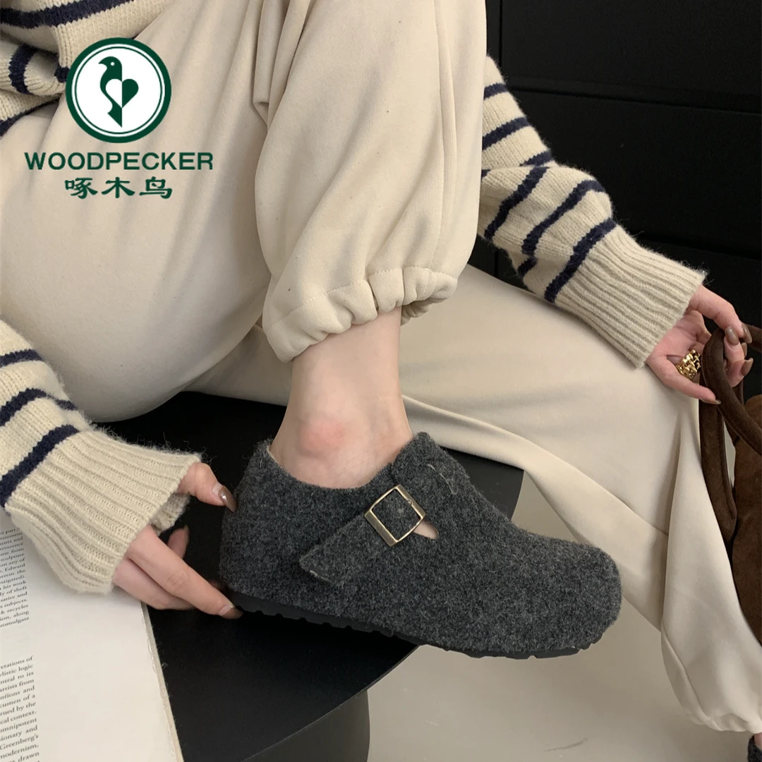 内增高勃肯鞋女厚底加绒保暖棉鞋新款毛毛鞋女外穿毛呢豆豆鞋单鞋