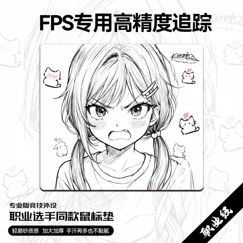 轻奢高级感二次元电竞少女白色线稿偏滑粗面鼠标垫适合FPS游戏