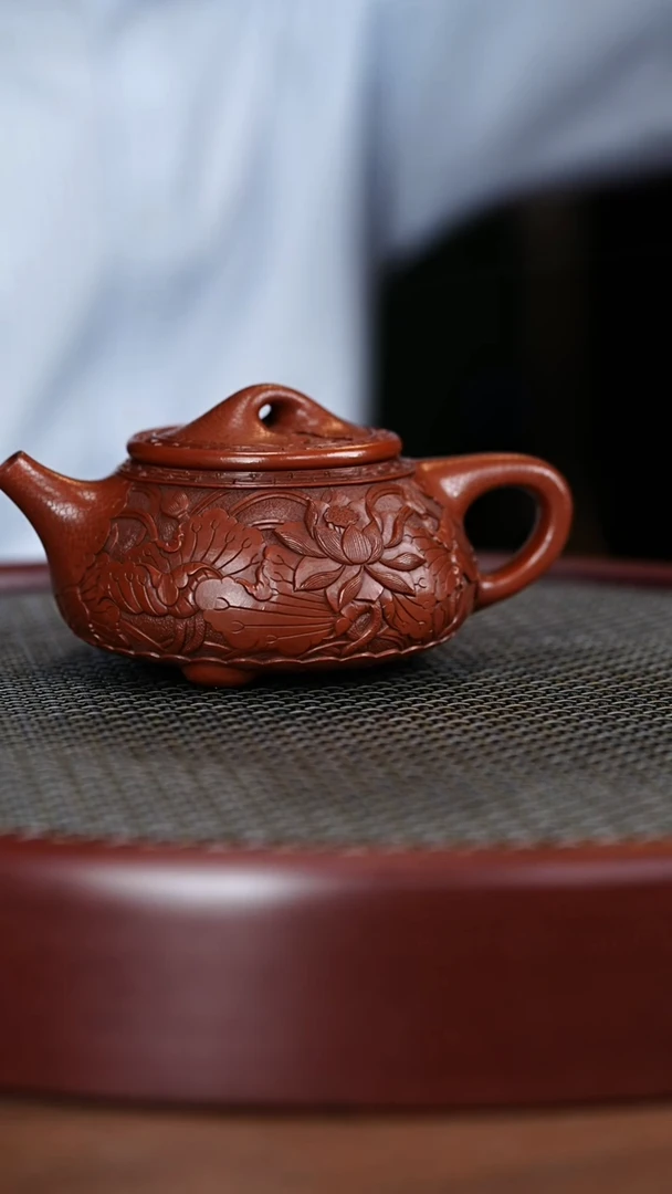 茶壶紫砂52WSY浮雕景舟石瓢 大红袍240cc