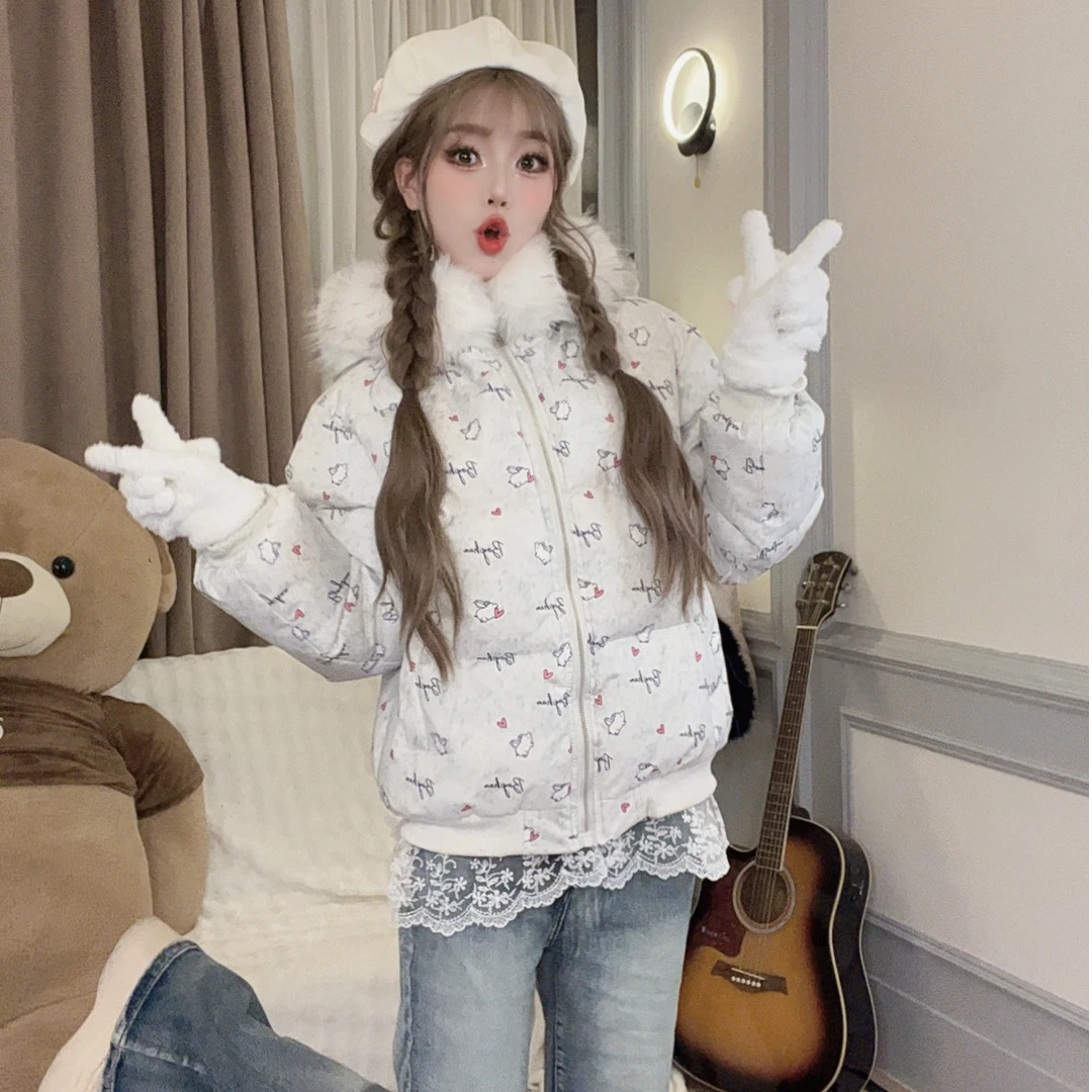 冬季韩系新款甜美兔子卡通满印保暖棉服加厚面包毛领连帽外套棉衣