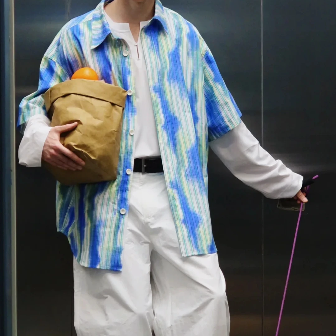 夏季休闲宽松型扎染条纹衬衣薄款短袖44189