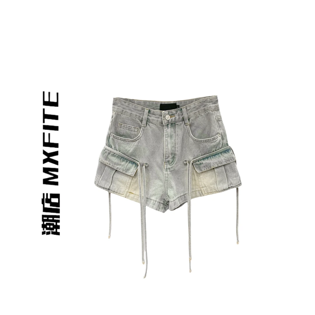 MXFITE潮店夏季新款时尚复古做旧工装流苏牛仔裤短裤（AN871-1）