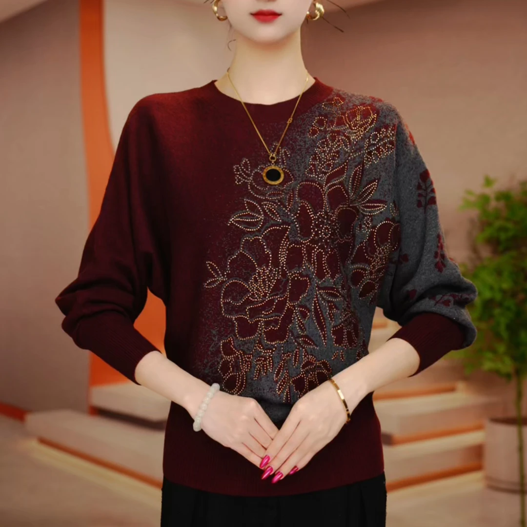 F250775-秋冬新款百搭显瘦减龄舒适透气女针织提花上衣