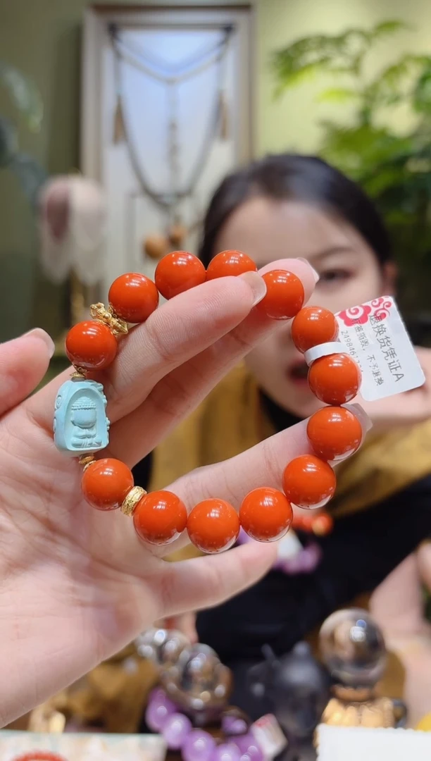 【闪购商品】南红玛瑙手串18K金镶嵌绿松无相佛南红手串
